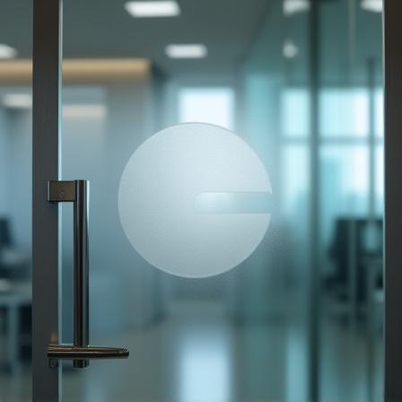 Pintu kaca grafir dengan logo perusahaan